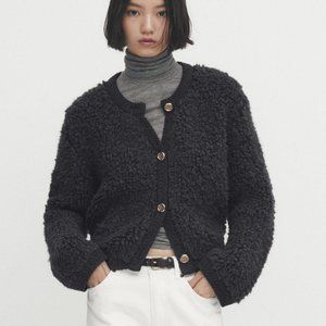 Massimo Dutti Boucle Grey Cardigan with Gold Buttons